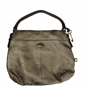 Fossil Distressed Metallic Gold Leather Hobo Shoulder Bag Key Charm Brown Strap